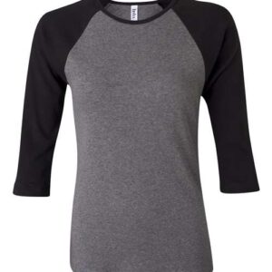 BELLA + CANVAS Women’s 1X1 Baby Rib Raglan Three-Quarter Sleeve Tee